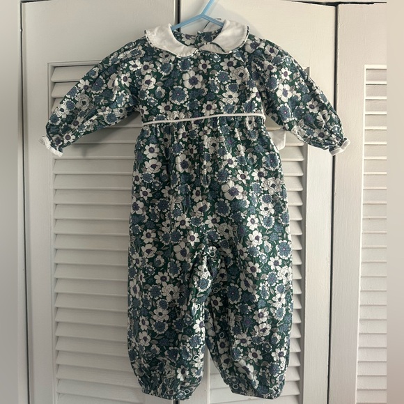 Remember Nguyen Other - Smocked Floral Kids Romper in Green and White